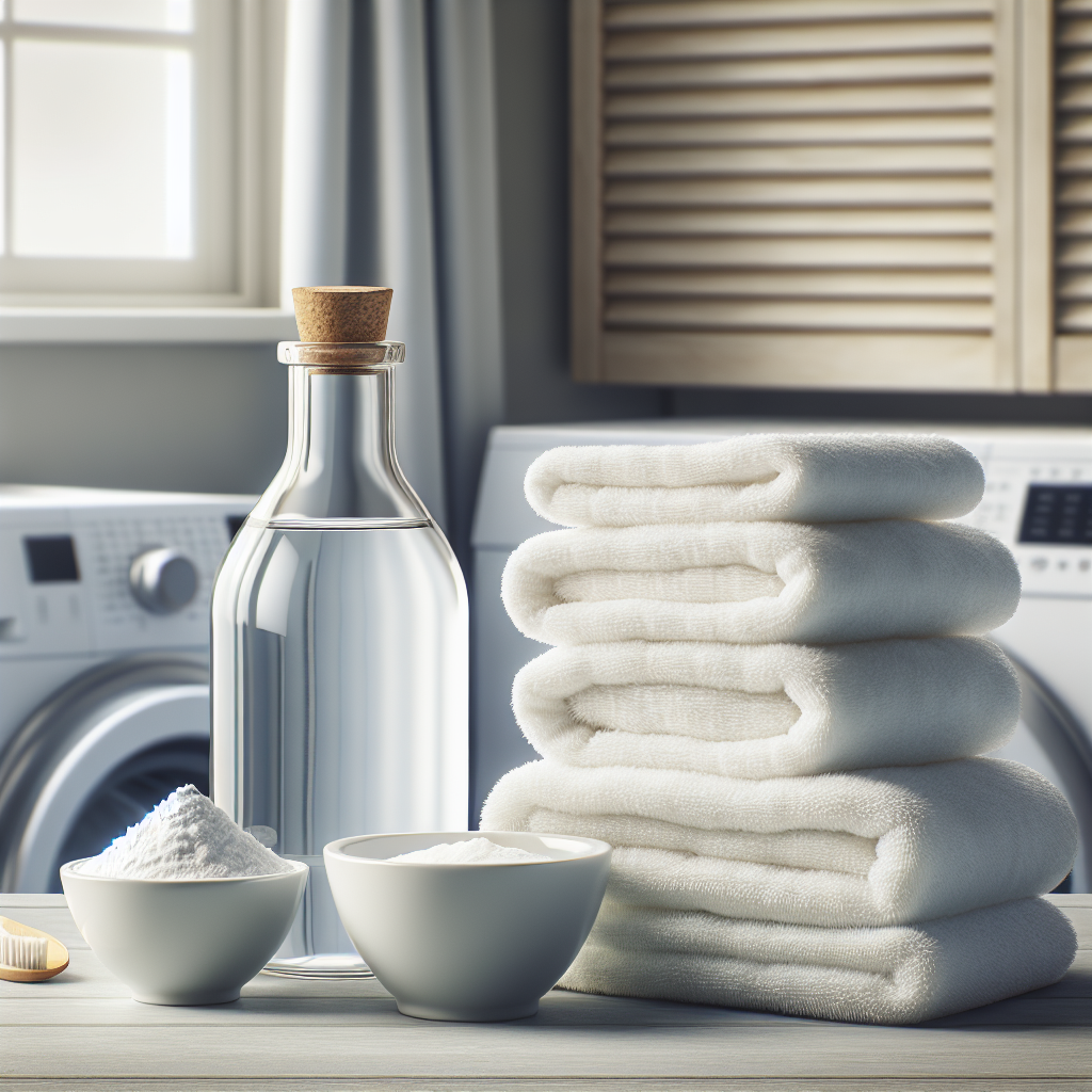 A detailed, realistic photo of a bottle of white vinegar and a small bowl of baking soda placed neatly next to a stack of perfectly folded, clean white towels. The scene is set on a light wooden countertop in a bright, airy laundry room. Soft, natural light emphasizes the cleanliness and natural remedies. High-resolution, crisp focus.
