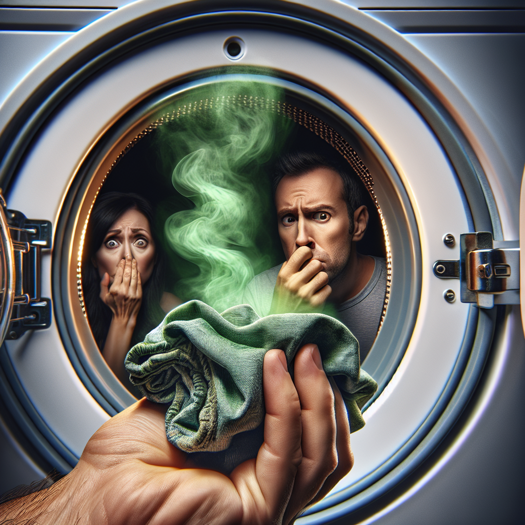 A close-up, realistic photo of a washing machine door slightly ajar, with subtle, unpleasant green-brown fumes visually wafting out. In the foreground, a person's hand is hesitantly holding up a piece of 'freshly' washed but clearly malodorous laundry, with a slightly disgusted facial expression visible in the background. The lighting is somewhat dim, emphasizing the problem.