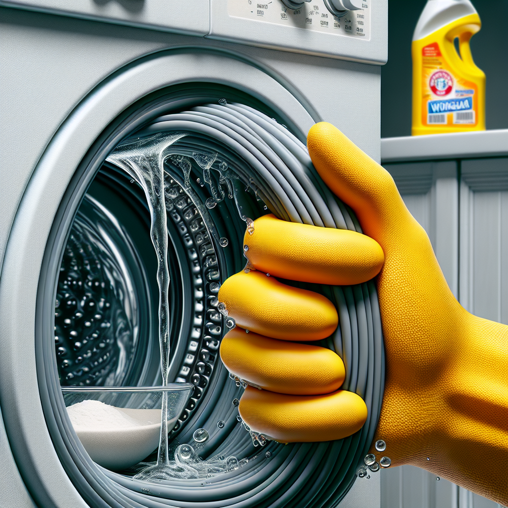 A bright and clean close-up, realistic photo of a hand in a yellow rubber glove actively cleaning the gray rubber seal inside a washing machine door. Water droplets and a subtle sparkling effect emphasize freshness and cleanliness. In the background, out of focus, a bottle of vinegar and a small bowl of baking soda are visible on a countertop.
