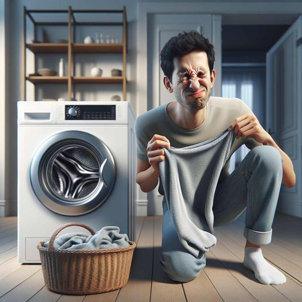 A person recoiling slightly with a wrinkled nose, holding up a piece of laundry that looks clean but clearly smells unpleasant. In the background, a modern washing machine with its door slightly ajar, hinting at hidden residues or dampness around the rubber seal. The image captures the common frustration of clothes smelling bad after washing. Realistic, soft lighting, indoor setting.