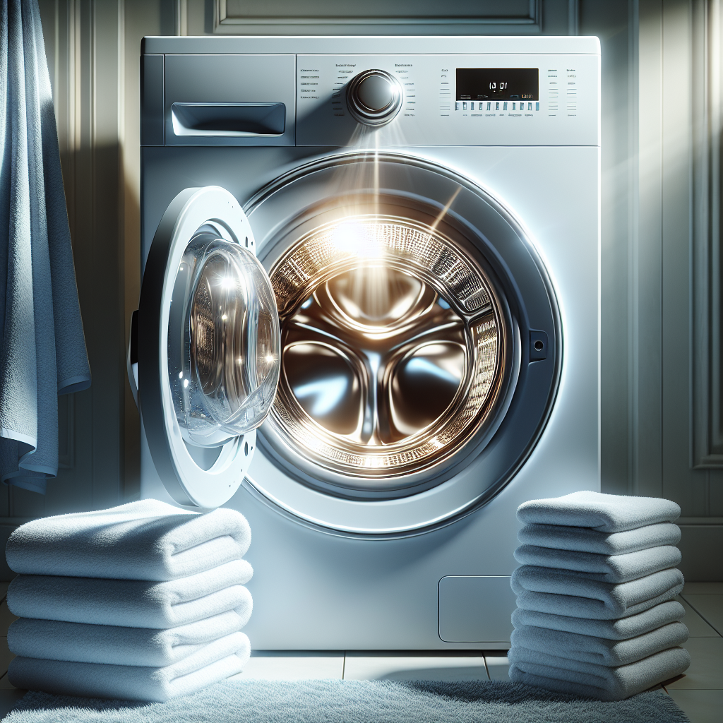 A sparkling clean washing machine drum, gleaming from the inside, with its door wide open to air out. Next to it, a neatly stacked pile of soft, pristine white towels, suggesting ultimate freshness and an odor-free result. The scene emphasizes hygiene and a successful solution to persistent laundry smells. Bright, airy, and inviting photography style, warm natural light.