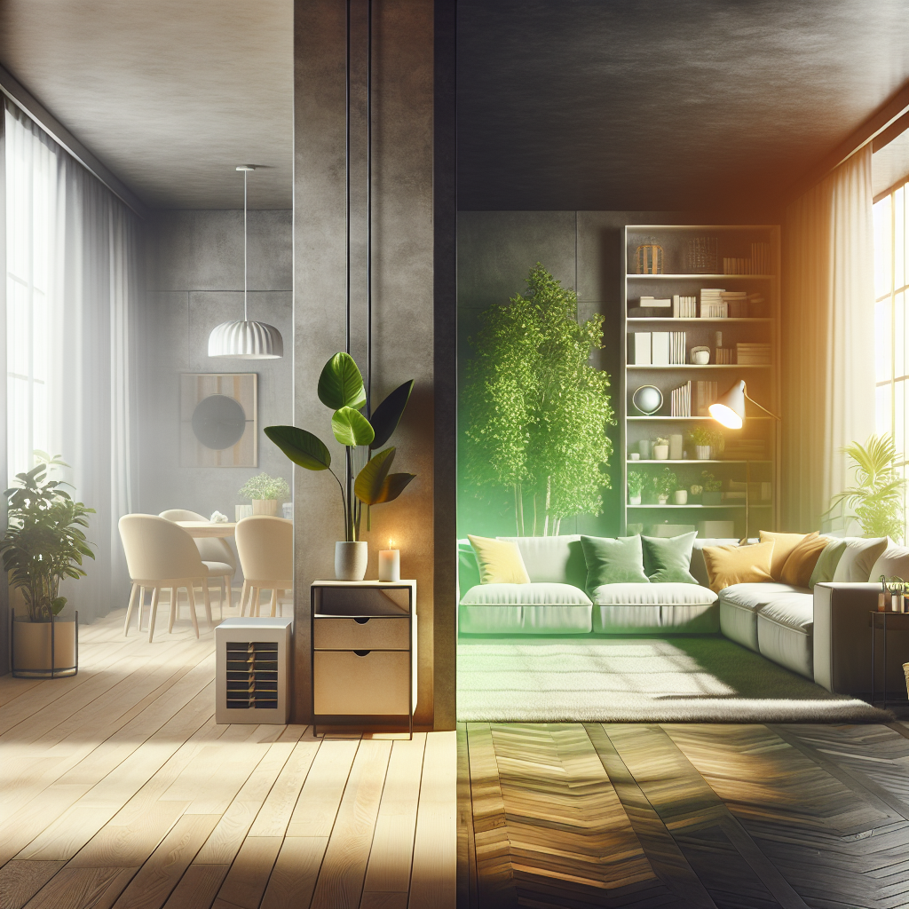 A cozy, modern apartment living room with an open window. One side of the room appears slightly stale with a subtle, almost invisible haze representing unpleasant odors. The other side is bright and airy, with fresh sunlight streaming in, a vibrant green plant, and a clear, clean atmosphere, symbolizing fresh air. Realistic, atmospheric.
