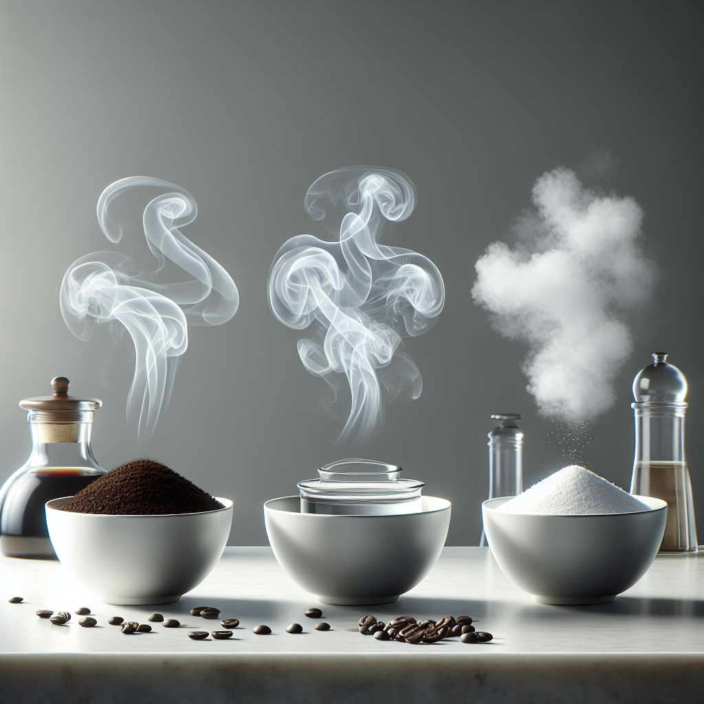 A clean, minimalist kitchen countertop with three elegant, simple bowls. One bowl contains dark, freshly ground coffee, another has a clear liquid (vinegar water), and the third holds white baking soda. Subtle, abstract 'bad odor' wisps are visibly dissipating or being absorbed by these natural elements, with a hint of fresh air emanating. Soft, natural lighting, realistic.
