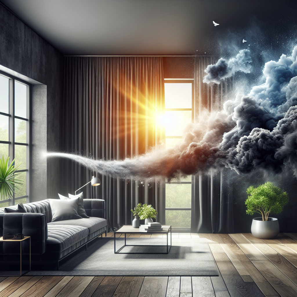 A stylish, modern living room. Wispy, dark grey 'odor clouds' are visibly and gracefully being pulled out of an open window by a strong stream of bright, fresh, clean air. Sunlight bathes the room, highlighting a feeling of transformation and renewal. High detail, dynamic composition, warm natural light, realistic photography style.
