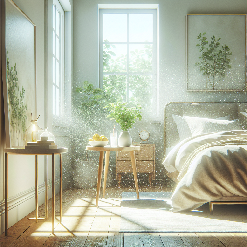 A bright, pristine bedroom interior, full of soft natural light. The air is visibly clean and sparkling, perhaps with a very subtle, refreshing shimmer. On a bedside table, a small bowl of fresh lemon slices and a sprig of mint are present, hinting at natural freshness. The room exudes comfort, cleanliness, and an inviting atmosphere. Soft colors, clean lines, serene and airy, realistic photography style.