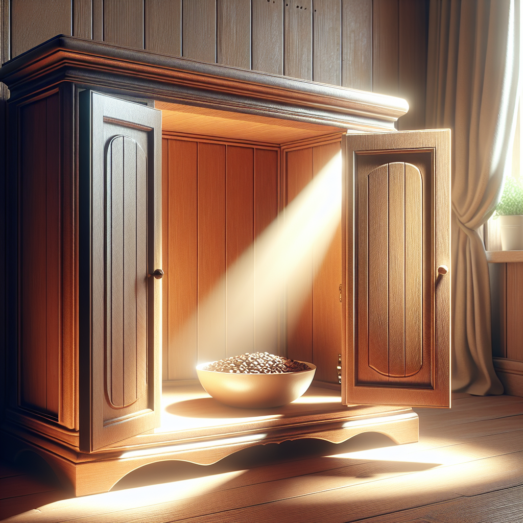 A beautifully cleaned and aired-out vintage wooden cabinet with its doors wide open, bathed in warm natural light streaming through an unseen window. The interior looks pristine and inviting, perhaps with a subtle, fresh glow. A small, elegant bowl of baking soda or coffee beans rests inside. Bright, clean, and optimistic atmosphere.