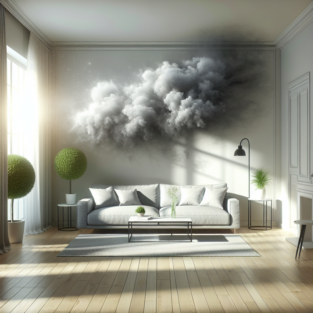 A visually clean and fresh living room, but with a subtle, wispy, dark grey cloud starting to dissipate from a corner, suggesting a bad odor being removed. The room is bright and inviting, emphasizing the transition from unpleasant to fresh. Photorealistic, soft natural light, warm atmosphere.