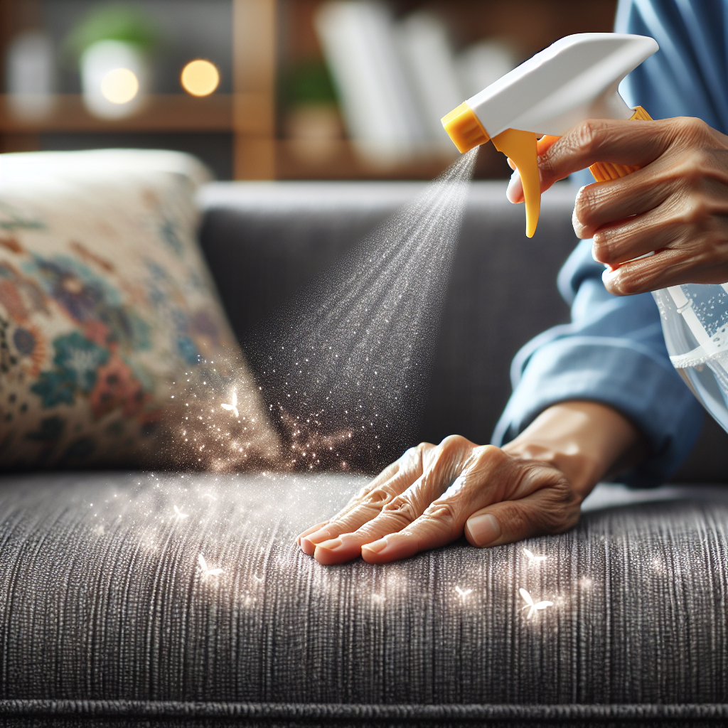Close-up of hands carefully spraying a natural cleaning solution (like a homemade vinegar spray) onto a sofa fabric, with a feeling of deep cleaning and odor neutralization. A subtle visual hint of fresh scent is depicted as small, sparkling particles rising from the fabric. The setting is a clean, modern home. Photorealistic, focus on meticulousness and freshness.
