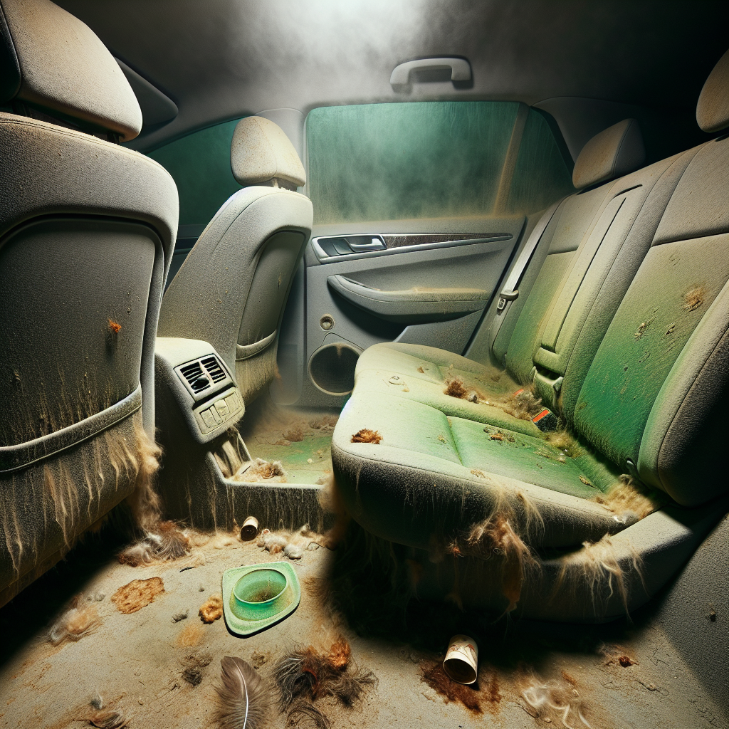 A car interior filled with a visible, unpleasant greenish-brown haze representing a bad smell. Pet hair on seats, a forgotten coffee stain on the floor mat, and a general sense of staleness and discomfort. The lighting is dim, emphasizing the undesirable atmosphere. Realistic, high detail.