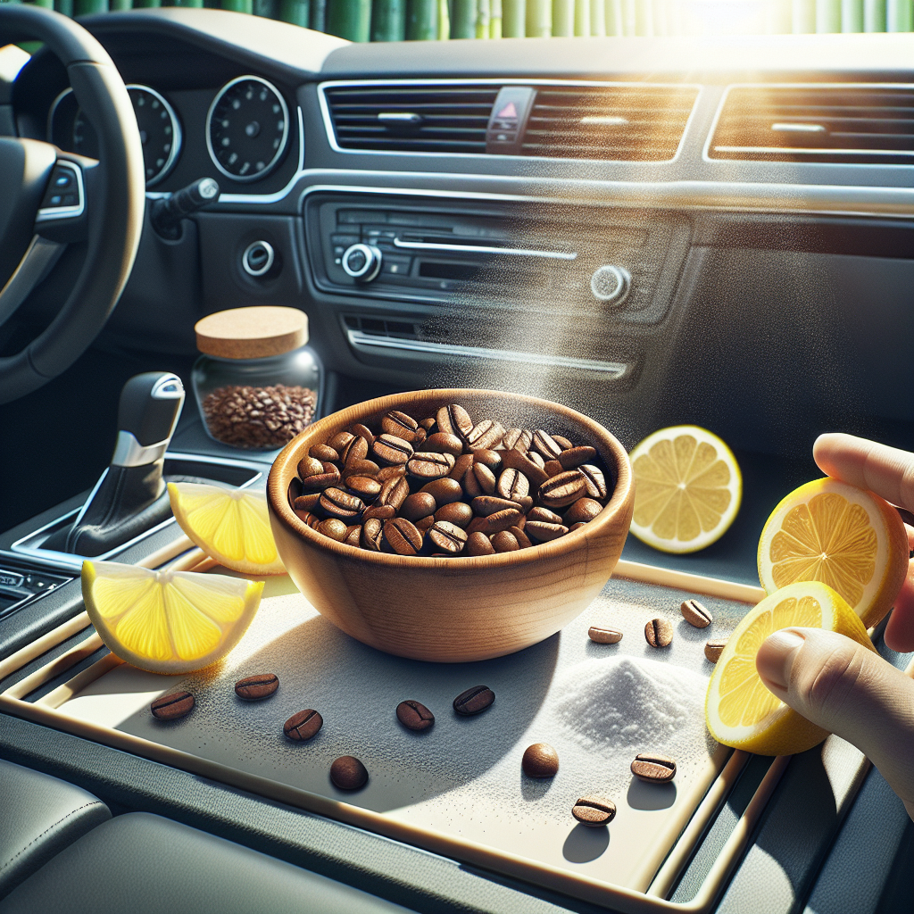 A sparkling clean car interior bathed in bright natural sunlight streaming through open windows. On the dashboard, a small white bowl of fresh coffee beans. Nearby, a few fresh lemon slices and a subtle sprinkle of baking soda on a clean car mat. The scene conveys freshness, cleanliness, and comfort. Realistic, high detail.