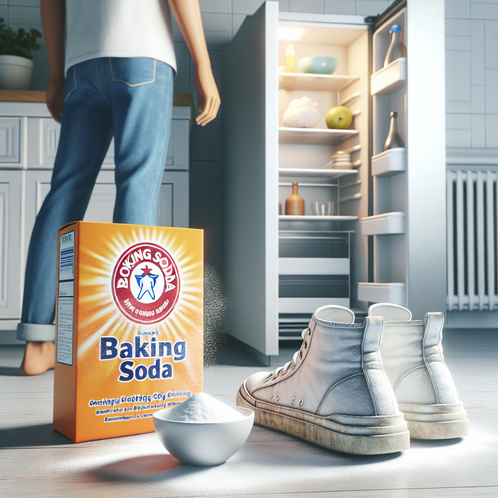 A clean, bright household scene featuring an open box of baking soda prominently. In the foreground, a pair of sneakers has baking soda sprinkled inside, while in the background, a slightly ajar refrigerator door reveals a small, minimalist bowl of baking soda on a shelf. Realistic, well-lit, home remedy aesthetic.