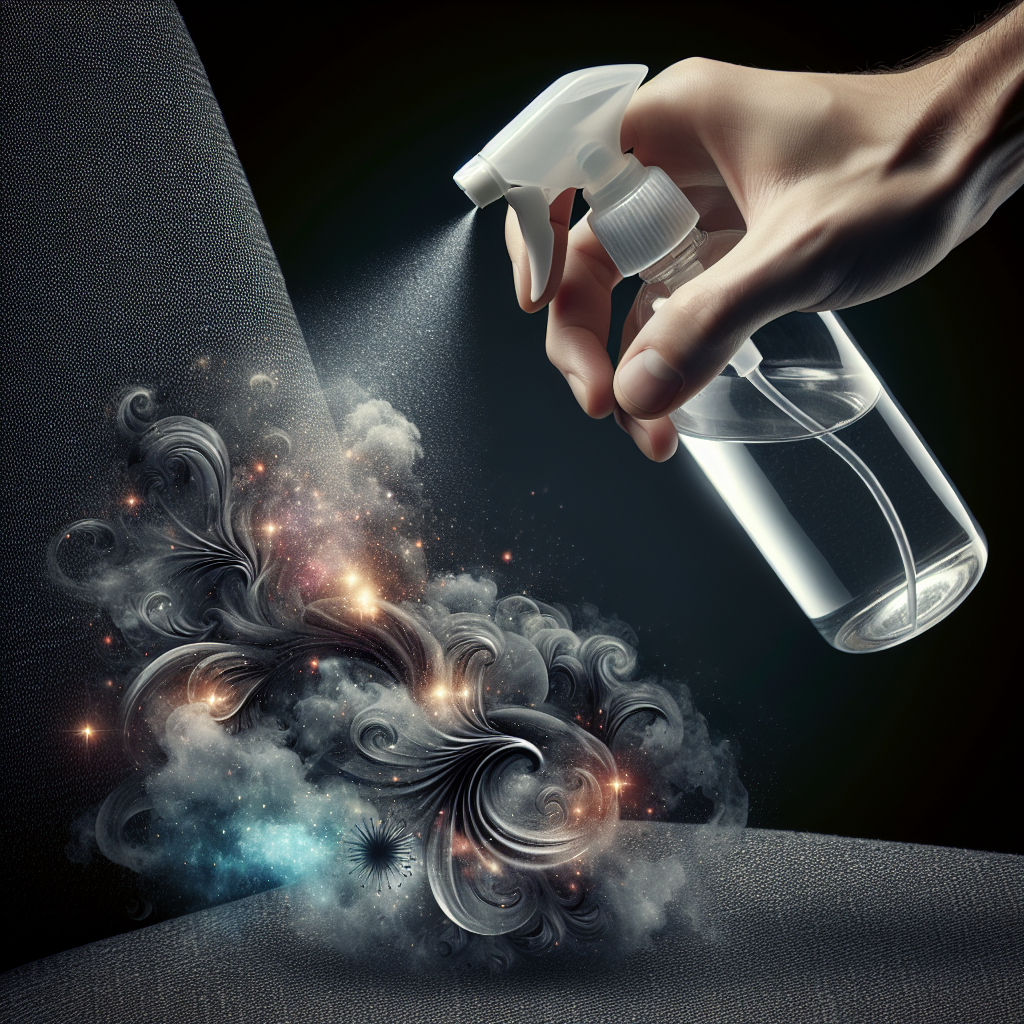 Nahaufnahme einer menschlichen Hand, die eine klare Glassprühflasche mit klarer Flüssigkeit hält und diese aktiv auf einen Abschnitt eines dunkelgrauen Polstersessels sprüht. Abstrakte visuelle Elemente von unangenehmen, dunklen 'Geruchswolken' sind sichtbar, wie sie sich im gesprühten Bereich in funkelnde, frische Luft auflösen. Betont die reinigende und erfrischende Wirkung von Essig. Realistisch, dynamisch, mit Fokus auf Transformation.