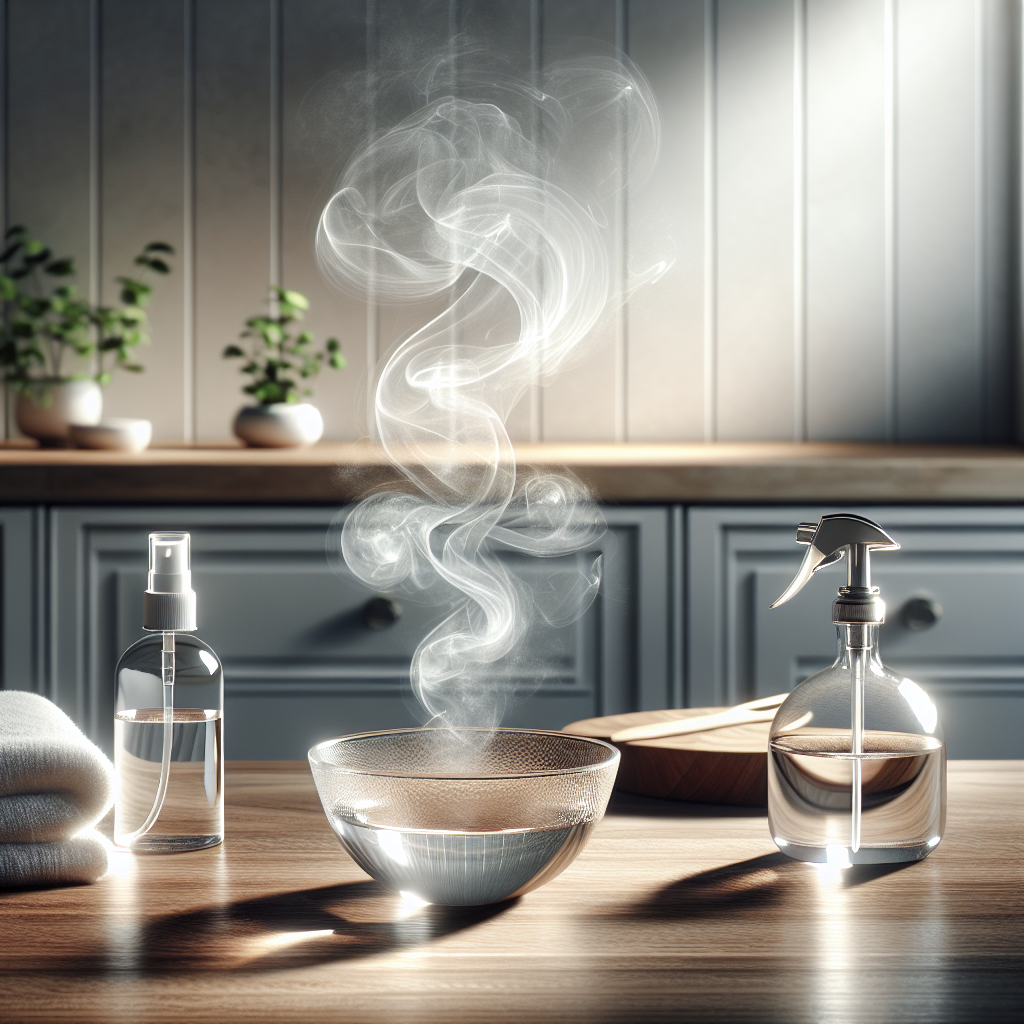 A clean and fresh minimalist kitchen interior with a subtle aroma indicated by soft, swirling ethereal mist. On a polished wooden countertop, a small, elegant glass bowl containing a clear liquid (vinegar essence) sits beside a neatly folded white towel and a spray bottle. A few green leaves or a small plant add a touch of nature. Sunlight streams through a window, illuminating the sparkling clean surfaces. The overall atmosphere is one of purity, freshness, and natural cleanliness, depicting effective odor removal. High-quality, realistic photography, soft natural lighting.