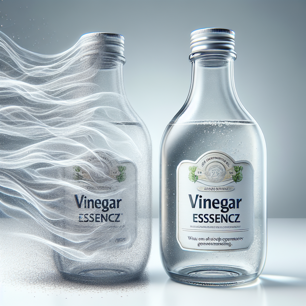 Close-up of a clear glass bottle labeled 'Essigessenz' (vinegar essence in German) on a pristine white surface. From the bottle, an invisible but clearly depicted wave of freshness expands, transforming a slightly murky, 'before' side (perhaps indicated by faint, greyish wisps representing unpleasant odors) into a bright, 'after' side with sparkling clarity and a subtle glow. The focus is on the powerful, natural neutralizing effect of the vinegar. Dynamic composition, clean background, realistic, high-definition image with a sense of transformation.