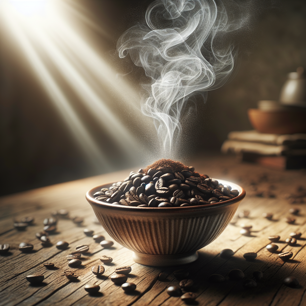 A close-up, warm-toned image of a small, elegant ceramic bowl filled with dark roasted coffee beans on a rustic wooden kitchen counter. Wispy, transparent grey lines representing unpleasant odors are visibly dissipating upwards and away from the coffee, replaced by a subtle, clean aura emanating from the beans. Natural light streams in, highlighting the rich texture of the coffee. The overall mood is calm, natural, and fresh.