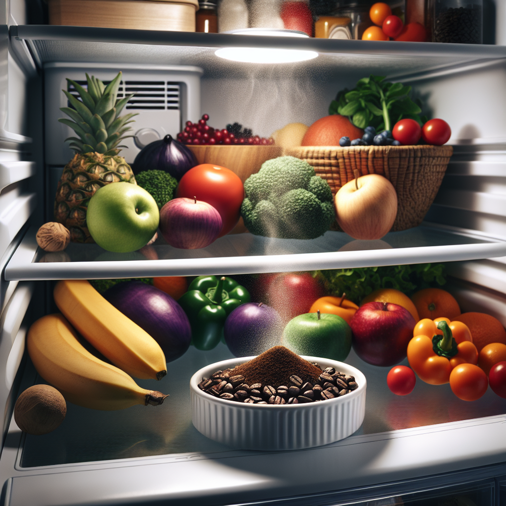 A bright, clean image inside an open refrigerator. A small, simple white ceramic dish filled with dried coffee grounds is placed prominently on a shelf, surrounded by fresh, vibrant fruits and vegetables. A very subtle, almost invisible glow or gentle mist emanates from the coffee grounds, symbolizing active odor neutralization and a fresh, neutral scent filling the space. The lighting is crisp and cool, emphasizing cleanliness.