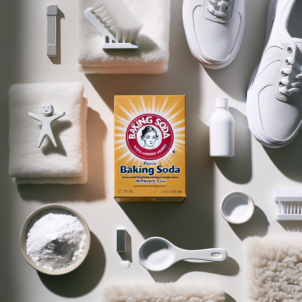 A beautifully composed flat lay showing an open box of baking soda (Natron) with white powder spilling out, surrounded by various household items that look fresh and clean. Include a pair of neatly arranged white sneakers, a small, elegant ceramic bowl (suggesting a refrigerator air freshener), and a section of a plush, light-colored carpet. The overall aesthetic is minimalist, bright, and clean, with a focus on freshness and natural light, symbolizing effective odor removal. High-key lighting, soft shadows.