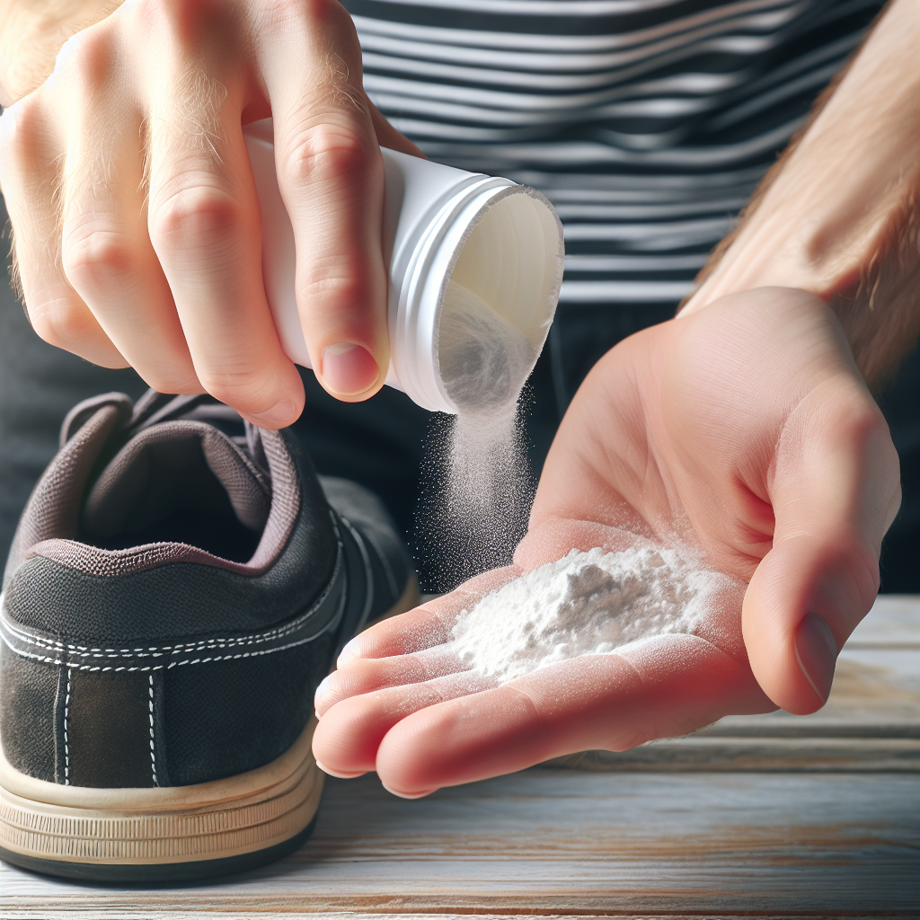 Close-up shot of a hand gently sprinkling white baking soda powder directly into the inside of a dark, slightly worn sneaker. The sneaker rests on a clean, light-colored wooden surface. The focus is on the action of applying the powder, with subtle visual cues suggesting the neutralization of odors and a refreshed, clean feeling. Bright, natural lighting, sharp focus on the powder and shoe interior.
