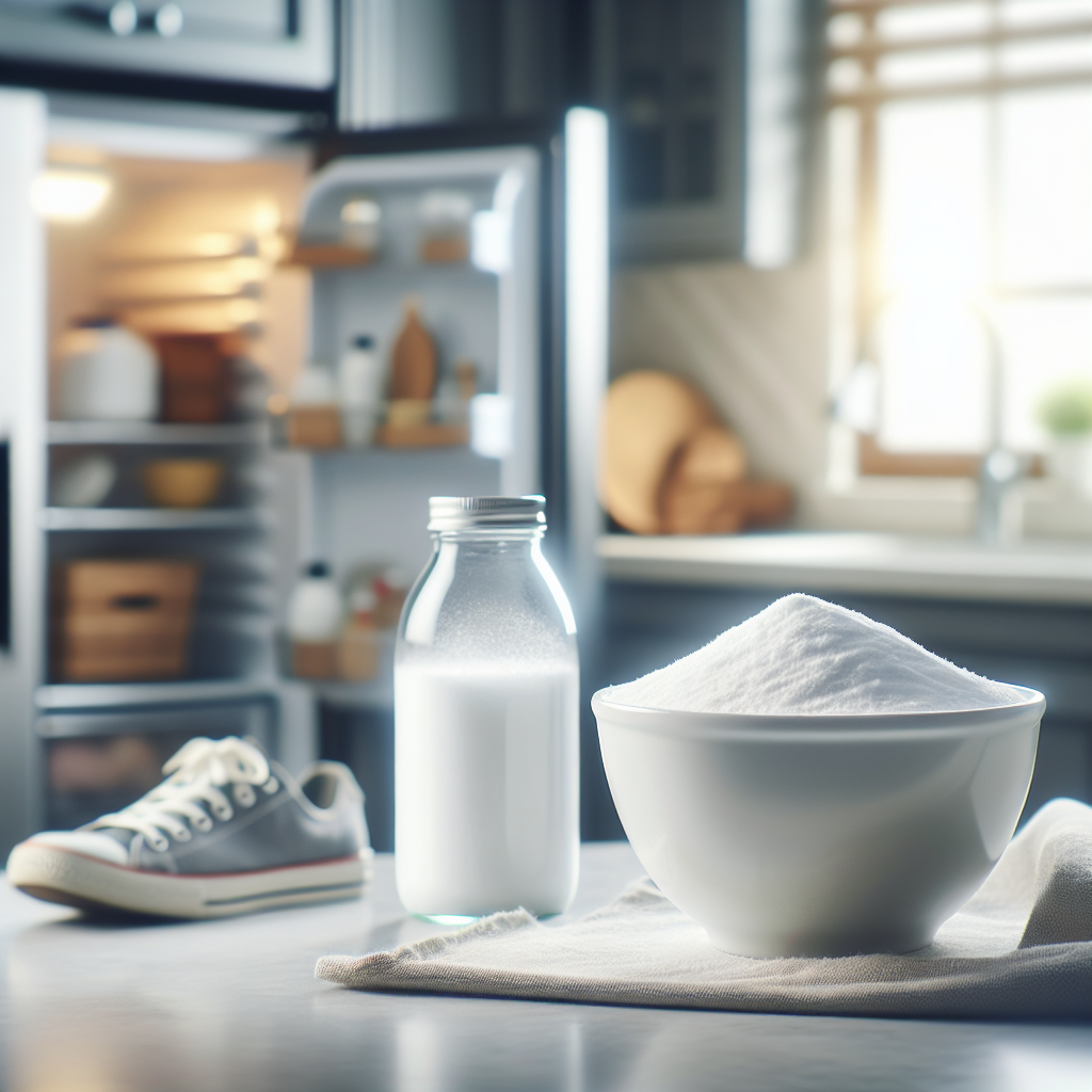 Ein offenes Glas oder eine Schale mit weißem Natron (Backpulver/Baking Soda) auf einer Küchenarbeitsplatte. Im Hintergrund sind unscharf verschiedene Objekte zu sehen, die auf die Anwendungsbereiche hinweisen: ein leicht geöffneter Kühlschrank, ein Sportschuh und ein Stück Stoff (Teppich). Die Szene strahlt Sauberkeit und Frische aus, mit weichem, natürlichem Licht. Realistischer Stil, hohe Auflösung.