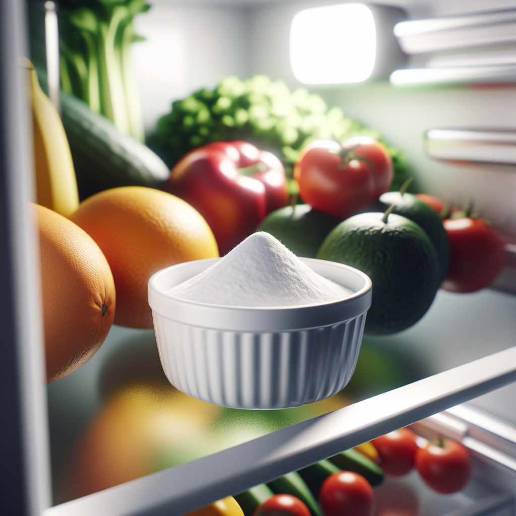 Eine Nahaufnahme des Inneren eines sauberen, modernen Kühlschranks. Eine kleine, unauffällige Schale mit weißem Natron steht auf einem der Regale zwischen frischem Obst und Gemüse, die appetitlich und ordentlich angeordnet sind. Das Licht ist hell und klar, was ein Gefühl von Frische und Hygiene vermittelt. Fokus auf die Schale mit Natron, um die Geruchsneutralisierung zu symbolisieren. Realistischer, appetitlicher Stil.