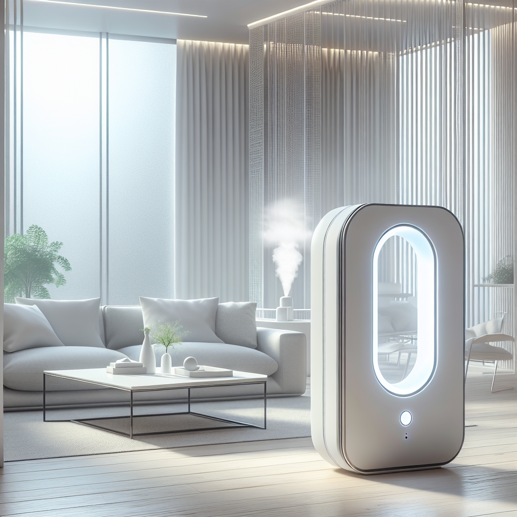 A modern, minimalistic living room, bathed in natural light, with crisp, clean air visibly present. In the corner, a sleek, subtly glowing, futuristic device resembling an ozone generator is operating. The atmosphere is serene and pure, emphasizing freshness and a renewed environment.