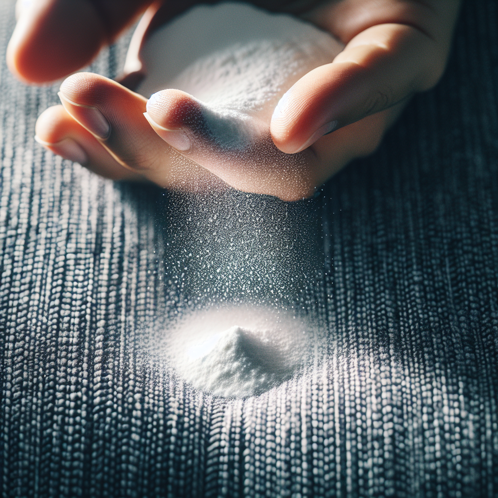 A close-up, top-down shot of white soda powder (Natriumcarbonat) being gently sprinkled from a hand onto a textured fabric, like a dark grey carpet or a couch cushion. The background is softly blurred, hinting at a clean home environment. The scene should evoke a sense of natural cleaning and freshness, with bright, soft lighting. Focus on the fine powder falling.