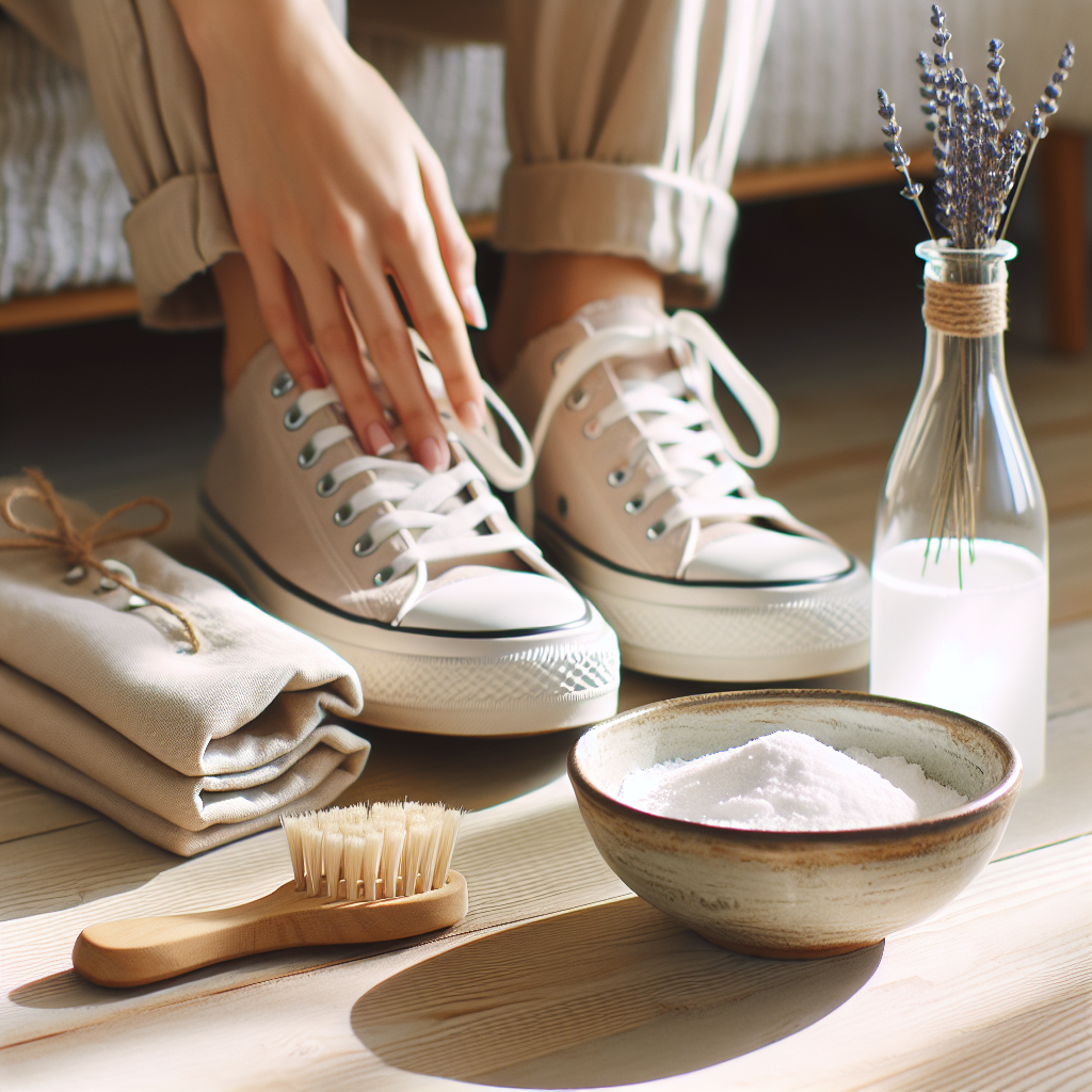 A cozy home scene featuring a pair of clean, fresh-smelling sneakers placed on a light wooden floor next to a small, rustic ceramic bowl filled with white soda powder. A sprig of dried lavender or a subtle green leaf is positioned nearby, enhancing the natural, fresh aroma feel. Soft, warm sunlight streams into the room, emphasizing cleanliness and well-being. Focus on natural light and a clean aesthetic.