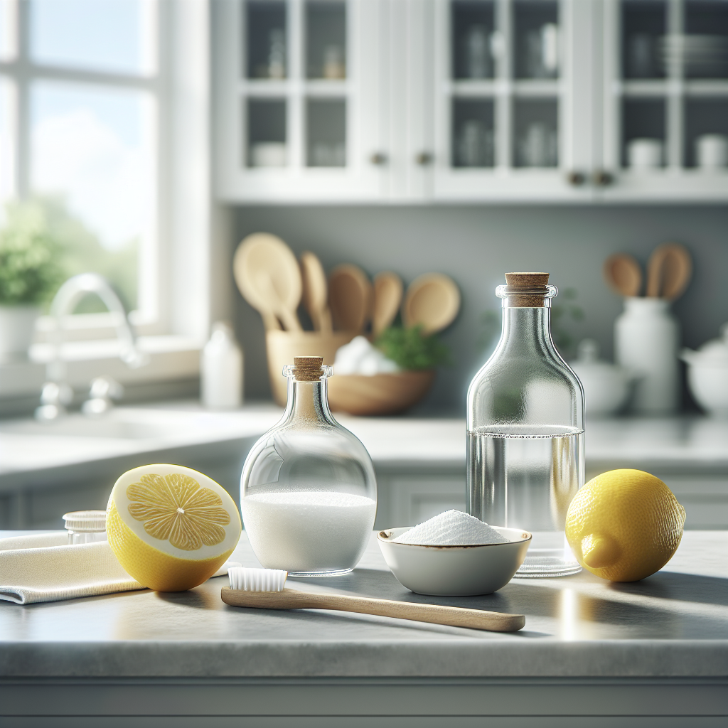 A bright, clean kitchen counter with a still life arrangement of natural odor neutralizers. A clear glass bottle of white vinegar, a small ceramic bowl filled with white baking soda, and a fresh lemon cut in half are neatly placed. The background shows a soft-focus, minimalist kitchen bathed in natural light, emphasizing a chemical-free and fresh home environment. High quality photography style.