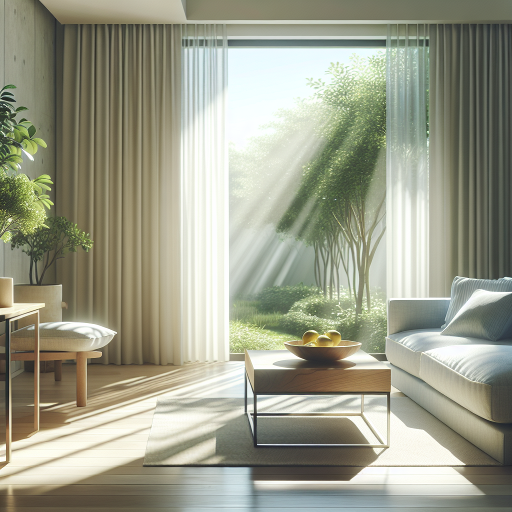 A serene and airy living room, bathed in gentle morning light filtering through a large window. The space feels immaculately clean and naturally fresh, free from any unpleasant odors. On a simple wooden side table, a discreet, decorative bowl holds a few slices of fresh lemon, hinting at natural purification. The overall atmosphere is one of peaceful well-being and a naturally clean home. High quality photography style, focus on freshness.