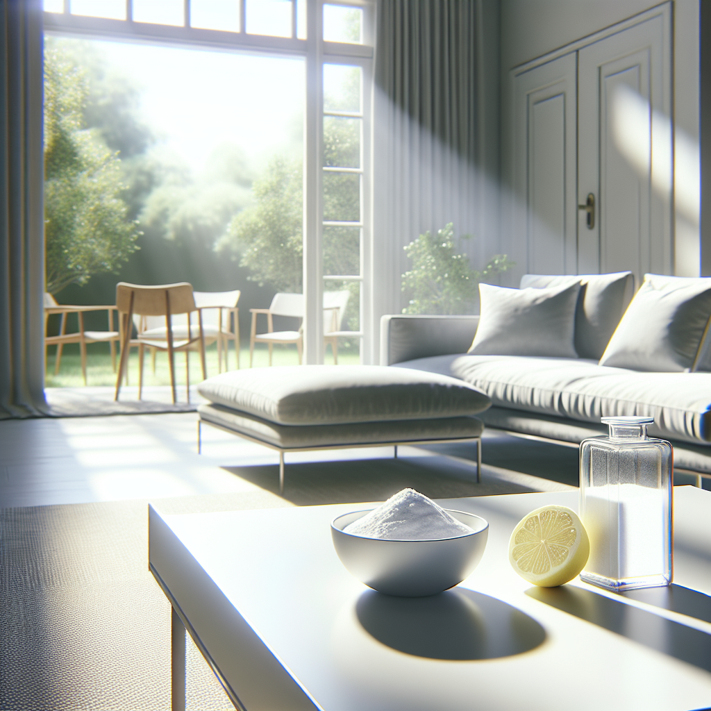 A bright, airy living room bathed in natural sunlight, with a wide-open window allowing a gentle breeze to enter. The room feels clean and fresh. On a simple, modern coffee table, there's a small ceramic bowl of baking soda and a fresh lemon cut in half, subtly hinting at natural odor removers. A light, pleasant glow fills the space. High detail, clean aesthetic.