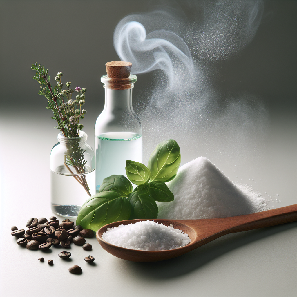 A creative still life composition featuring common household items known for odor removal: a rustic wooden spoon with white baking soda powder, a clear glass bottle of vinegar with a sprig of fresh herbs, and a small pile of aromatic roasted coffee beans. These items are arranged on a clean, light surface, with a subtle, almost invisible wispy cloud of 'bad odor' dissipating away from them, transforming into tiny, sparkling 'freshness' particles or a gentle, clean aura. Focus on texture and clean light.