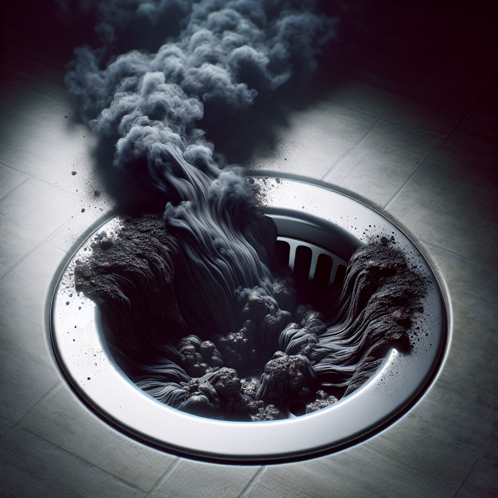 Close-up photo of a kitchen sink drain with visible, murky, unpleasant-looking vapor or dark fumes rising out from it, symbolizing a bad odor. The atmosphere is slightly dim and a bit off-putting. High detail, realistic style.