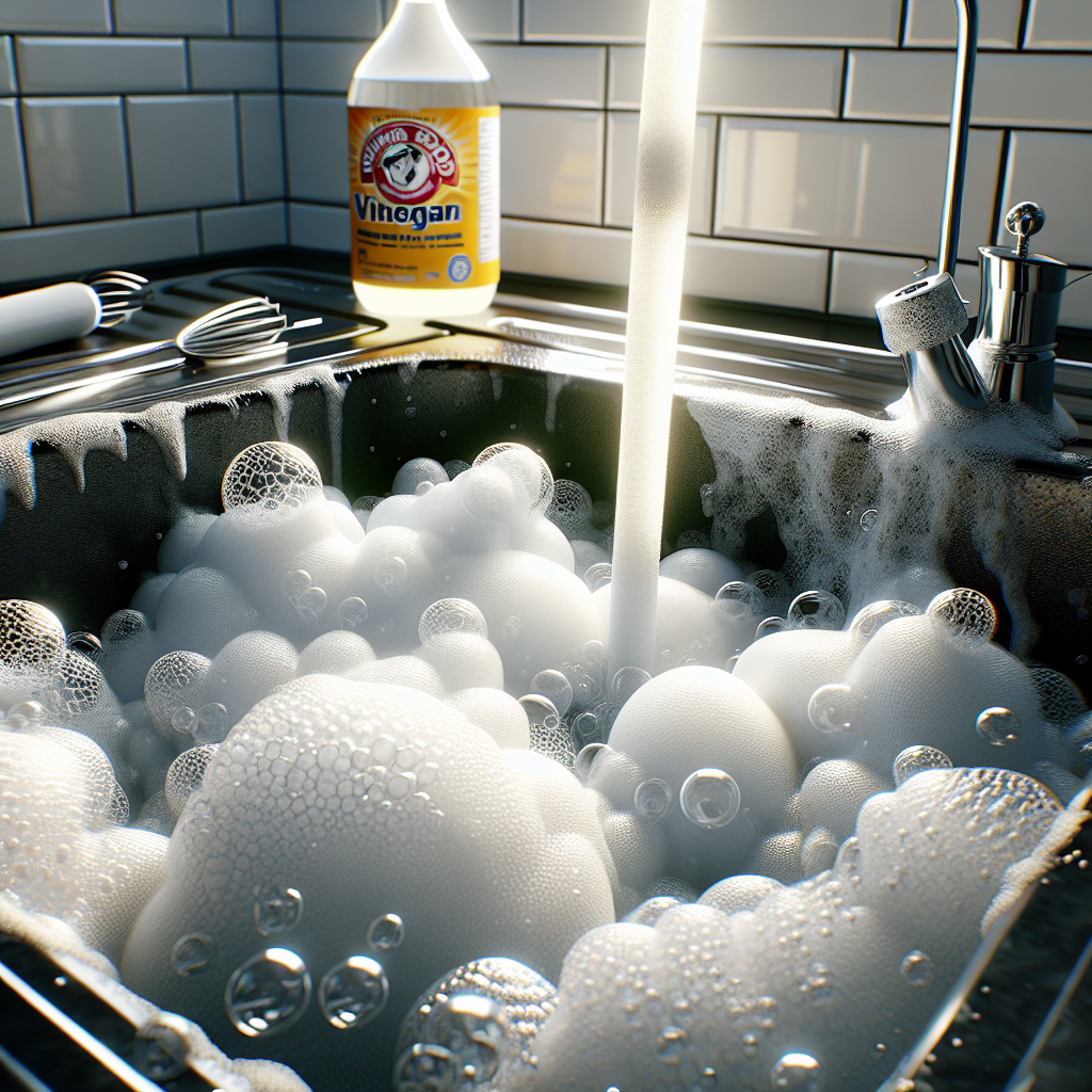 Close-up photo of a kitchen sink drain vigorously bubbling and fizzing with white foam, showing the chemical reaction of baking soda and vinegar cleaning the pipes. A bottle of white vinegar is slightly out of focus in the background, implying the solution. Bright, clean, and optimistic lighting. Realistic style.
