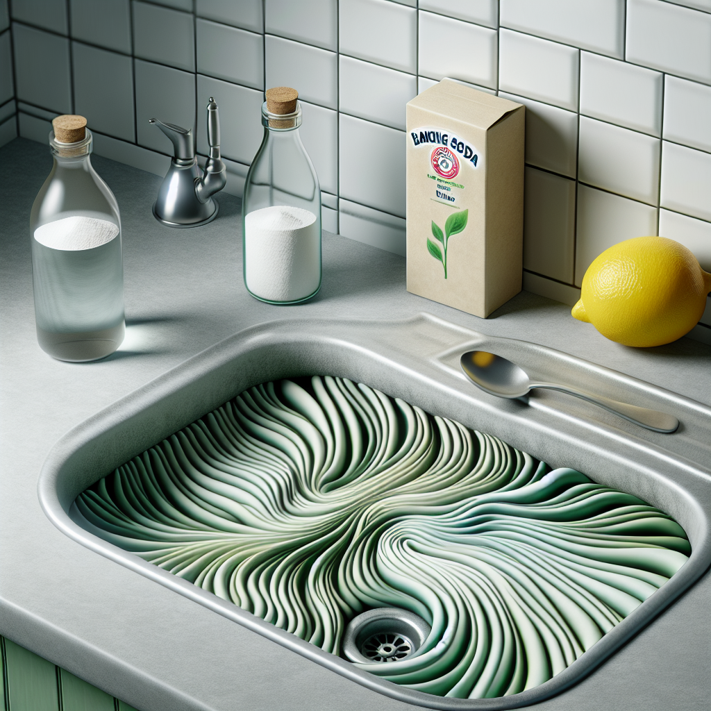 A close-up of a kitchen sink drain with subtle, stylized green wavy lines emanating from it, symbolizing an unpleasant odor. On the clean countertop next to the drain, neatly arranged, are a box of baking soda, a bottle of white vinegar, and a sliced lemon, suggesting natural remedies. Realistic style, good lighting, focus on problem and natural solution.