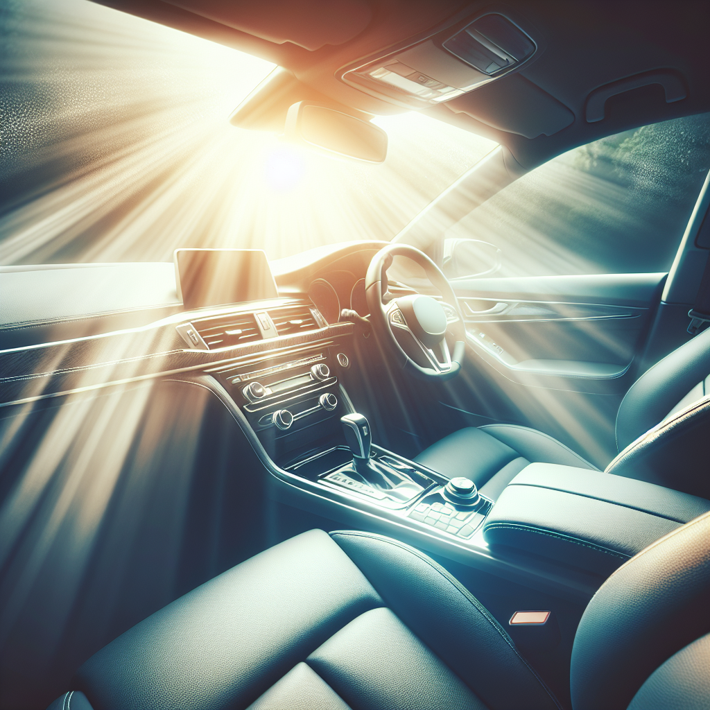 A pristine, sunlit car interior that feels incredibly fresh and clean. The dashboard gleams, upholstery looks spotless, and a gentle, ethereal glow symbolizes a pleasant, airy scent. The atmosphere is inviting and free of any bad odors, high-resolution photography, soft focus on the background.