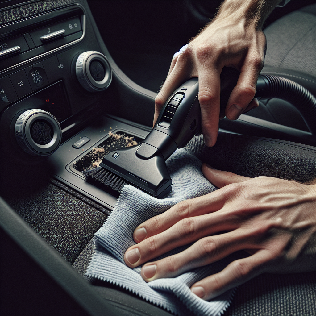 A detailed close-up of hands diligently cleaning a car's interior. One hand operates a small car vacuum cleaner, sucking up crumbs from under the seat, while another hand wipes down a dusty dashboard with a microfiber cloth. Emphasize the effort of thorough cleaning, realistic photography, shallow depth of field.