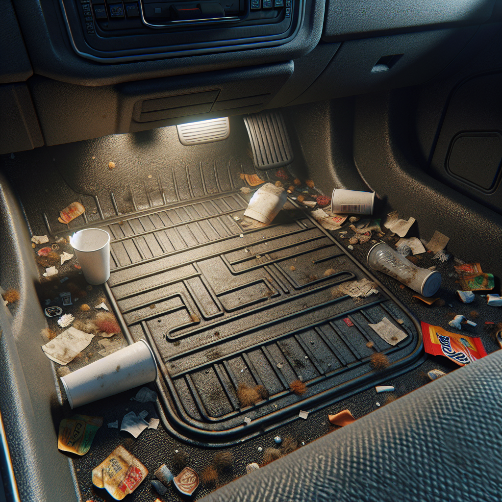 A realistic, close-up shot inside a car's interior, focusing on slightly dirty floor mats and a few small, discarded items like an empty coffee cup or old food wrapper. The lighting is somewhat dim and dull, conveying a stale, unpleasant atmosphere. No people are visible. The overall mood is one of neglected cleanliness and potential bad odors.