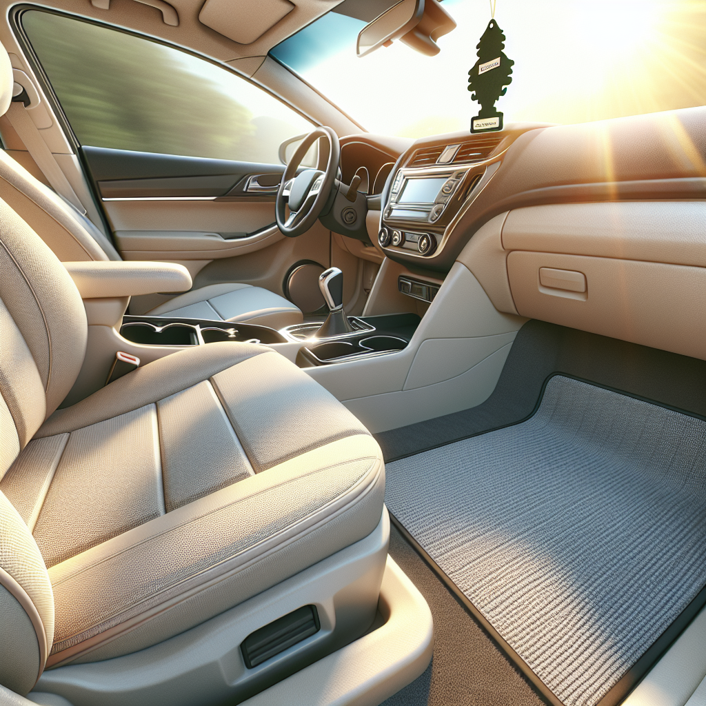 A bright, realistic, wide-angle shot of a car's interior, sparkling clean and inviting. Sunlight streams through the windows, illuminating freshly vacuumed beige or grey fabric seats and spotless floor mats. The air looks clear and fresh, with a sense of openness. A very subtle, modern car air freshener might be hanging from the rearview mirror, barely noticeable. The overall impression is one of cleanliness, freshness, and a pleasant, inviting atmosphere. Vibrant, natural colors.