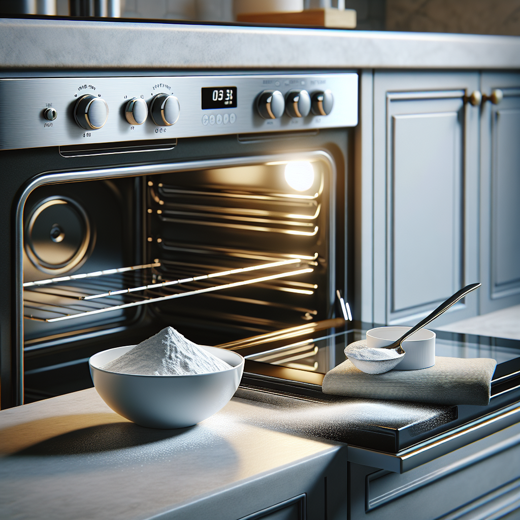 Close-up of a clean, modern kitchen oven with its door ajar, showing a sparkling interior. Next to the oven, on a countertop, is a small bowl with white baking soda (Natron) powder and a spoon, suggesting a cleaning solution. Bright and fresh atmosphere, realistic photo, soft natural light.