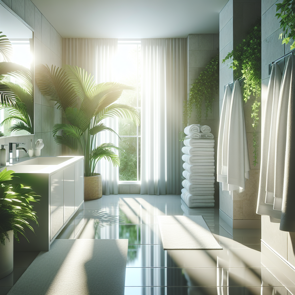 A pristine, bright, and modern bathroom, sparkling clean with fresh white towels and lush green plants. Sunlight streams through a slightly open window, creating an airy and inviting atmosphere, symbolizing ultimate freshness and a delightful scent. Realistic, detailed, high quality.