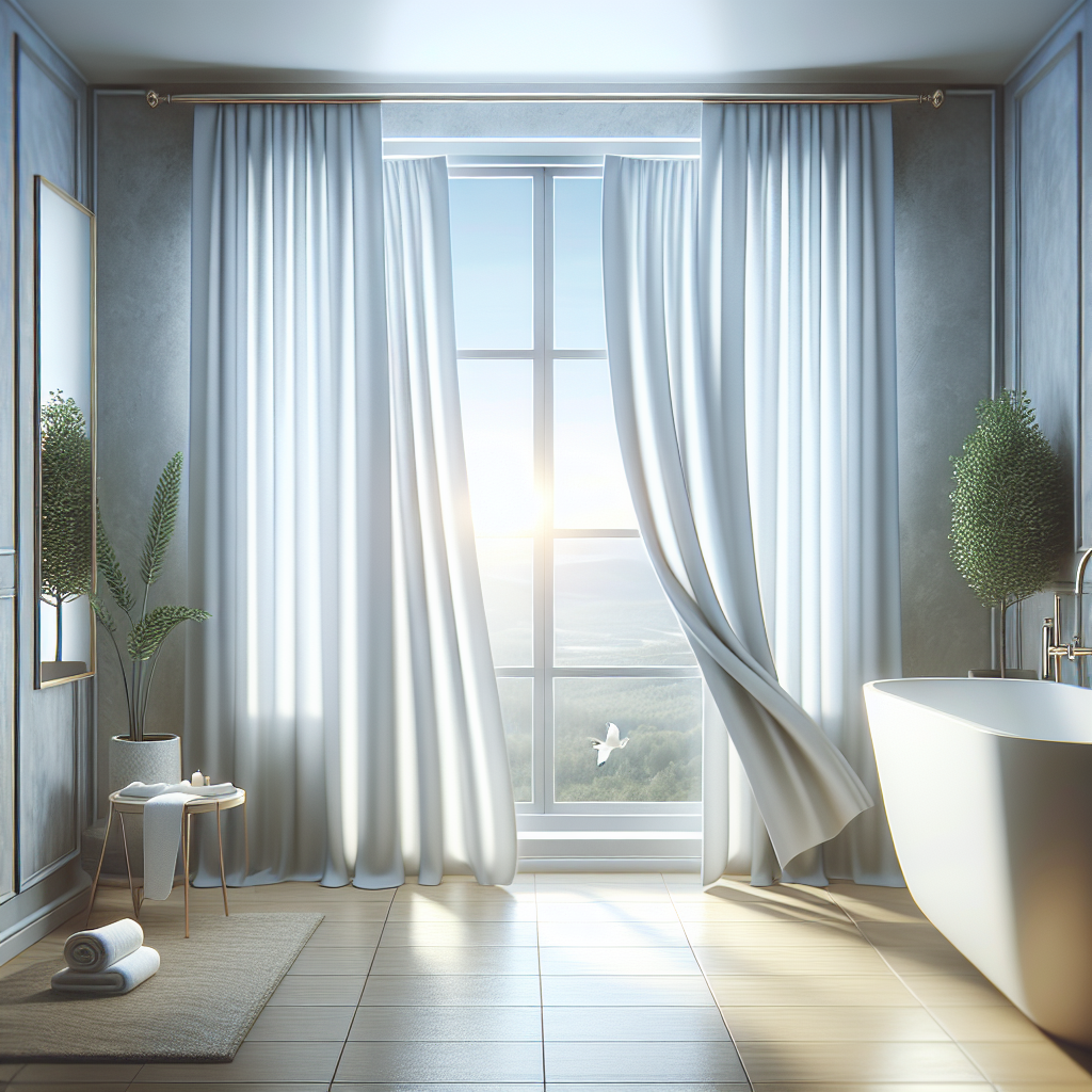 A stylish and clean bathroom with a wide-open window, showing fresh air gently blowing the curtains inwards. The scene conveys a sense of immediate refreshment and the active elimination of stale odors. Natural light, calm and inviting atmosphere. Realistic, detailed, high quality.
