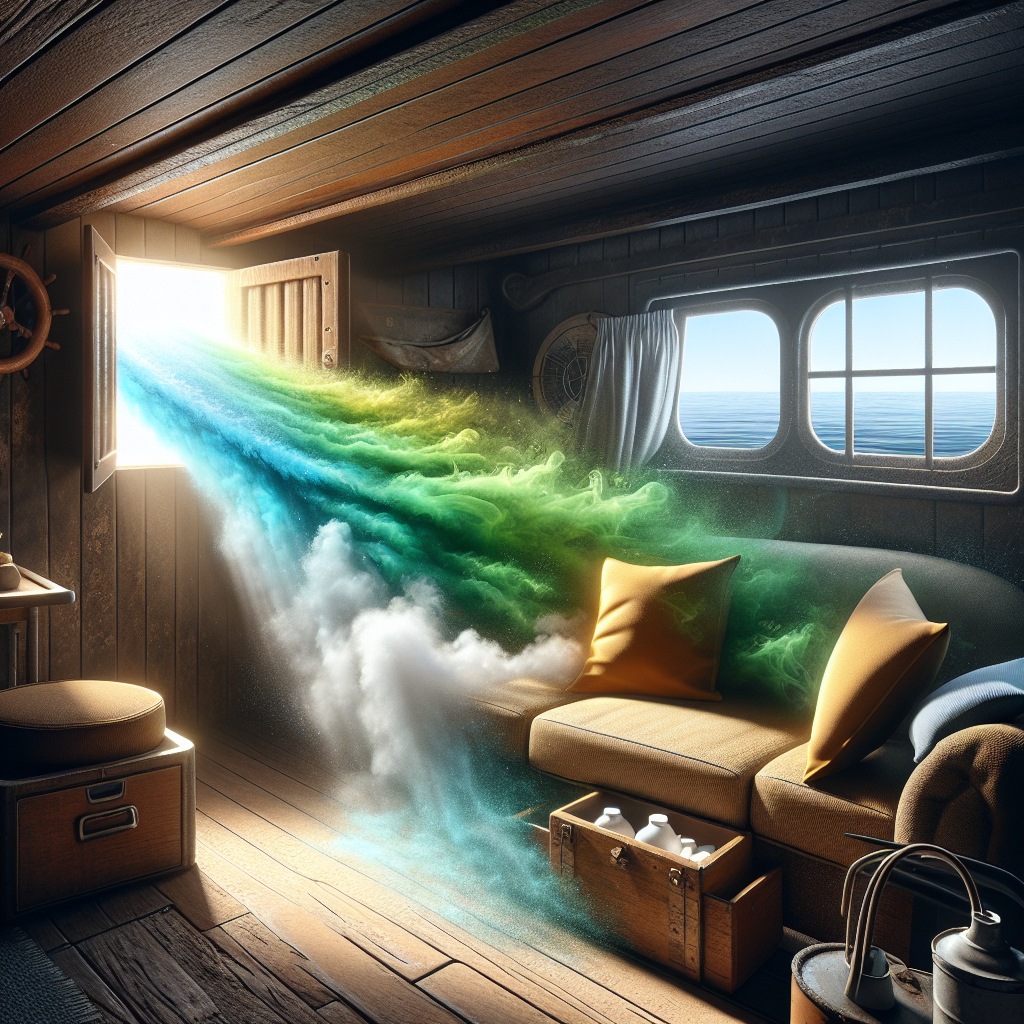 A cozy boat interior, slightly dim, with a subtle, swirling brownish-green haze visually representing an unpleasant odor emanating from hidden corners and old upholstery. Through an open hatch, a bright, invigorating ray of sunlight and a crisp, transparent wave of fresh, clean air are powerfully streaming in, visually pushing out the stale air and transforming the atmosphere. Realistic style, emphasizing the contrast between stale and fresh.
