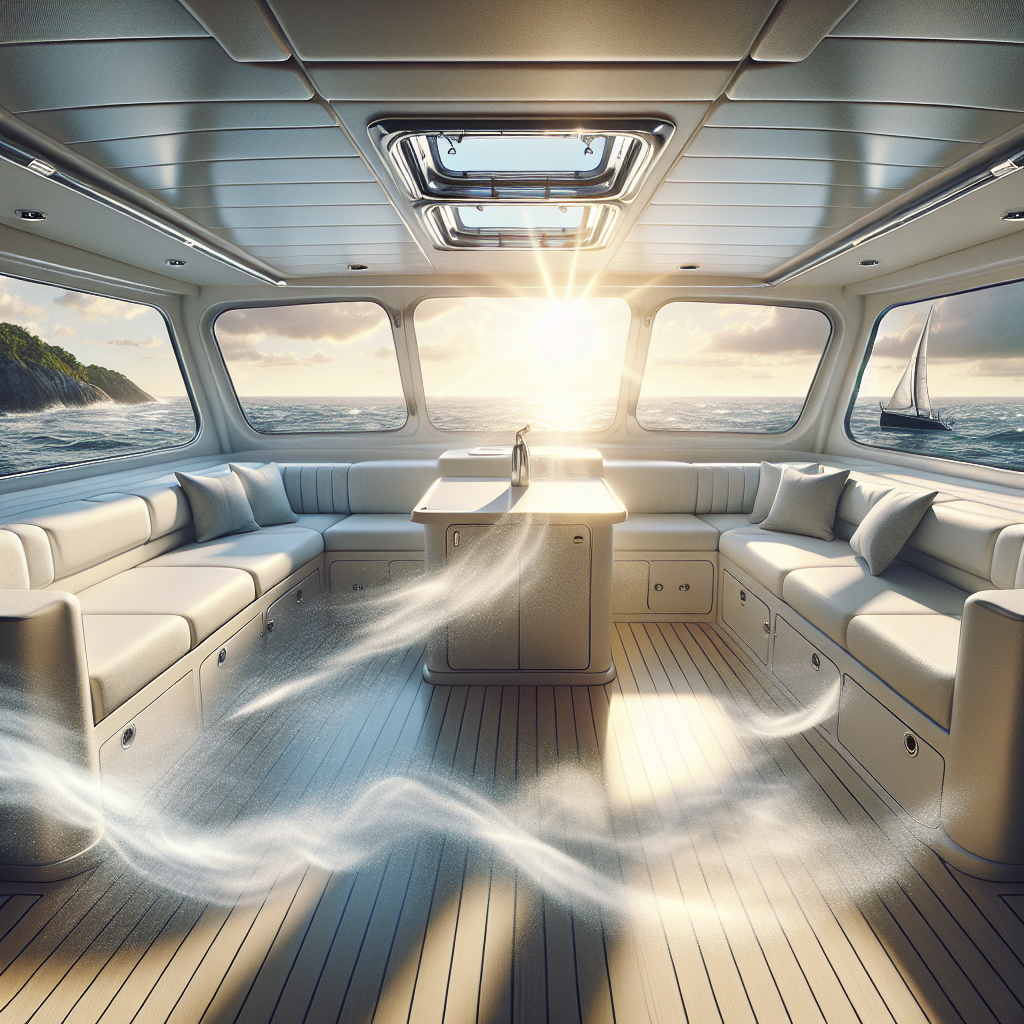 A meticulously clean and bright boat cabin, with all hatches and portholes wide open to a sunny seascape, creating a strong cross-breeze. Sunlight floods the interior, highlighting sparkling clean surfaces, fresh white textiles, and a vibrant, airy atmosphere. A subtle, transparent wave of fresh air can be seen circulating through the cabin, symbolizing thorough ventilation and an odor-free environment. Hyperrealistic, inviting, and serene.
