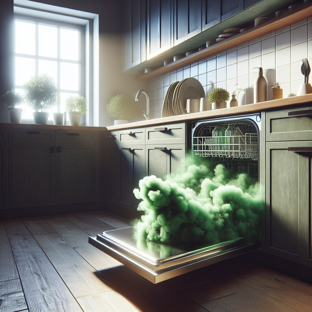 A realistic, slightly wide-angle photo of an open dishwasher in a modern kitchen. A distinct, slightly green, wavy vapor or cloud symbolizing an unpleasant smell is visibly emanating from the inside of the dishwasher, creating a slightly dramatic effect. The interior of the dishwasher shows minor signs of use but not extreme filth. The overall atmosphere suggests an issue that needs to be resolved. Natural light.
