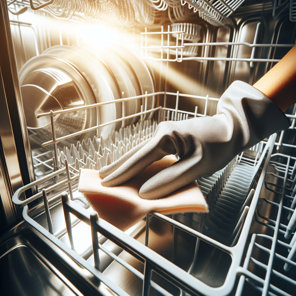 A bright, close-up photo showing a sparkling, freshly cleaned dishwasher interior. The filter is visibly clean and well-placed, and the spray arms are spotless. A hand, possibly gloved, is gently wiping a clean, shiny door seal with a cloth. The image conveys freshness, hygiene, and effectiveness, with natural light and a soft focus on the background.