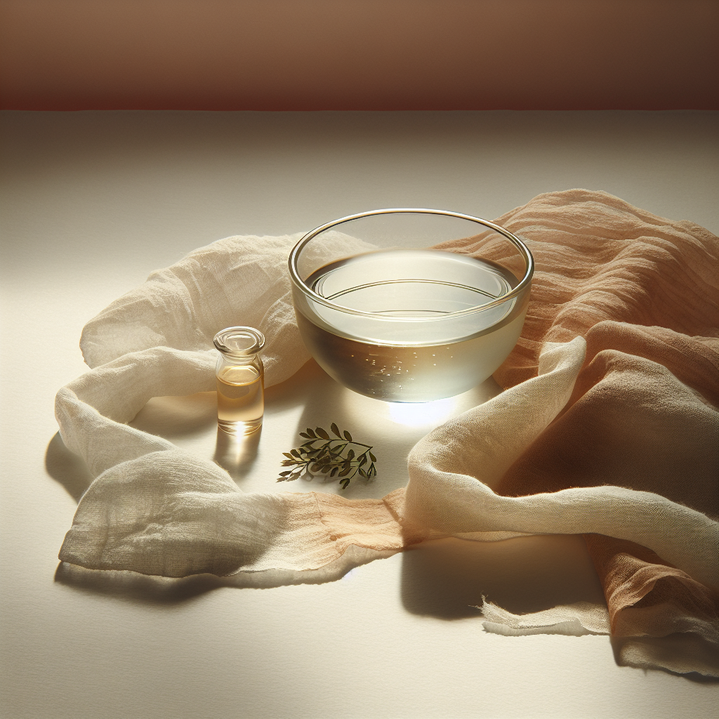 An elegant and abstract composition representing natural intimate care for women. Soft, diffused natural light illuminates a minimalist arrangement featuring a small glass bowl with water, a subtle hint of apple cider vinegar, and a folded piece of natural cotton fabric. The color palette is gentle, using soft pastels and earthy tones to evoke a sense of purity, freshness, and gentle well-being. No explicit human figures.