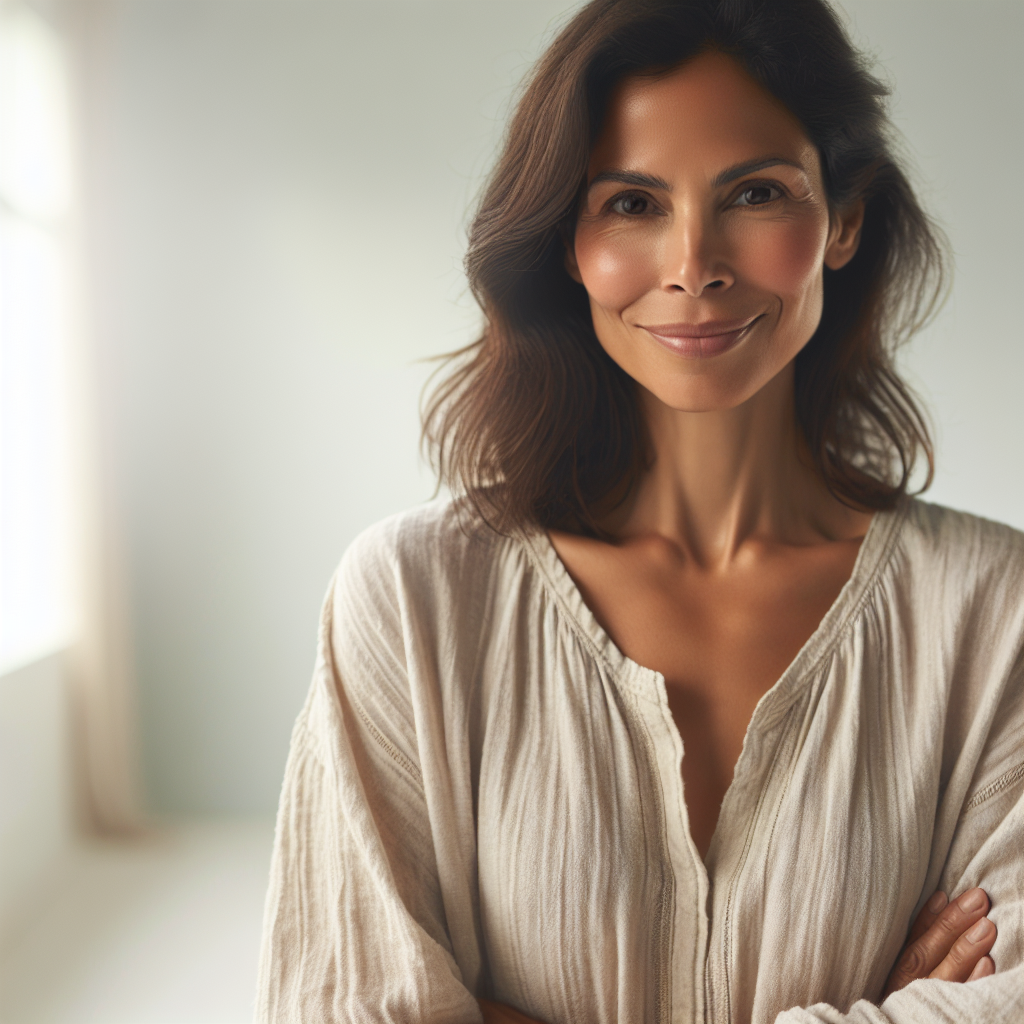 A serene and confident woman, mid-30s, with a gentle, reassuring smile, seen in soft focus. She is wearing comfortable, light-colored clothing made of natural fabric. The lighting is bright and natural, emphasizing a feeling of freshness, comfort, and inner peace. The background is minimalistic, clean, and subtly blurred, suggesting a calm, natural environment, conveying a sense of relief and renewed well-being.