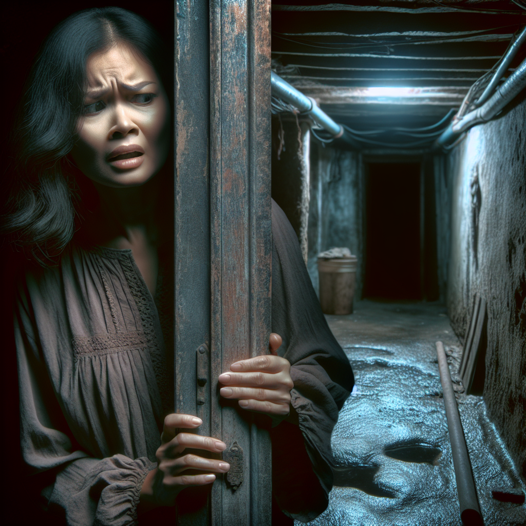 A person, perhaps a woman, opens a basement door with a slightly displeased or wrinkled expression, encountering a visibly musty, damp atmosphere. The basement behind her is dimly lit, with subtle hints of mildew and poor ventilation. Realistic, atmospheric, low light.