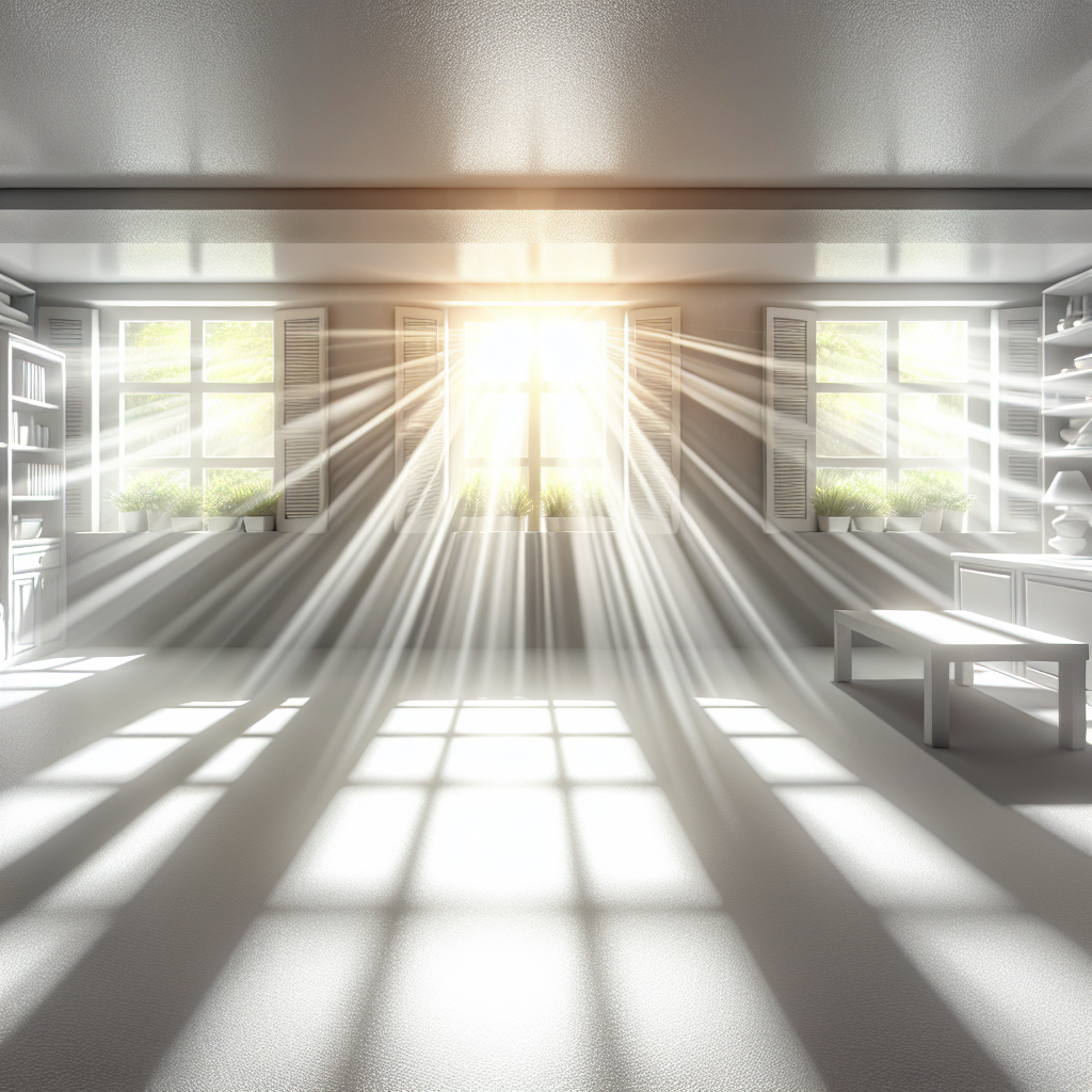A bright, clean, and well-ventilated basement interior, with sunlight streaming through an open window, revealing fresh, crisp air. The space looks organized and inviting, with a sense of airy cleanliness and no signs of dampness or mustiness. Realistic, inviting, high key lighting.