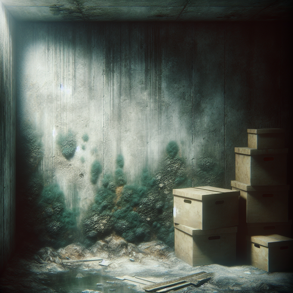 A dimly lit, damp corner of an old, somewhat neglected basement. On the concrete wall, a subtle patch of green mold is visible, with a few dusty, stacked cardboard boxes nearby. A faint, ethereal greyish mist subtly emanates from the mold, visually representing a musty, unpleasant odor. The overall scene conveys a sense of coolness and dampness, with a slight hint of eerie atmosphere. Realistic photo style.
